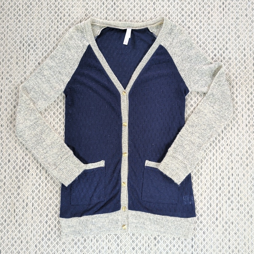 Y2K Loose Knit Fitted Slim Cardigan Gray & Navy Women's Size Small with Pockets